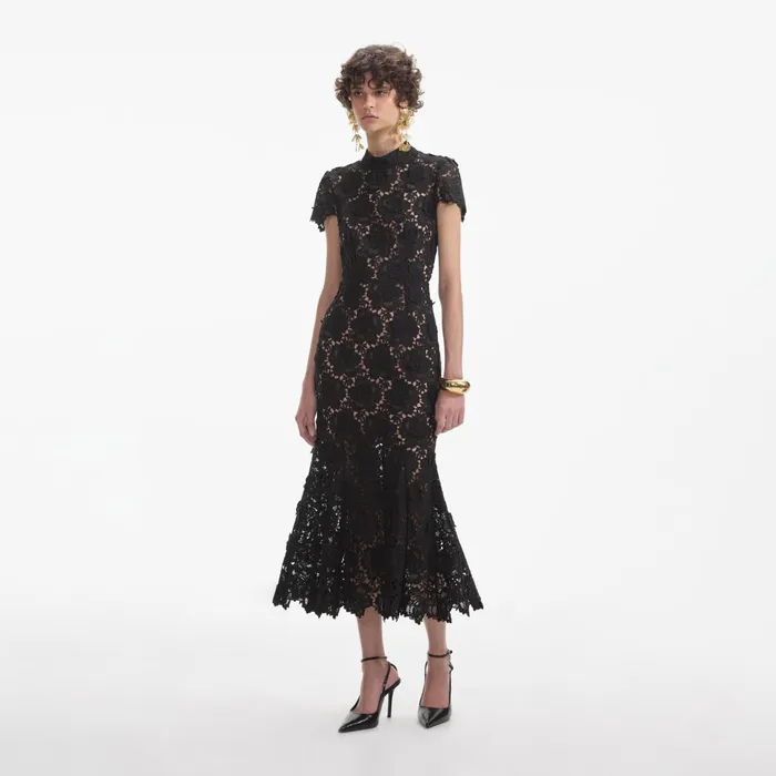 Self Portrait Dresses Women Black Flower Lace Midi Dress Black