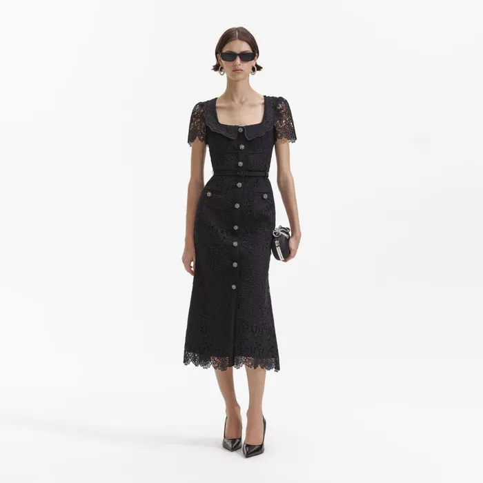 Self Portrait Dresses Women Black Guipure Lace Button Midi Dress