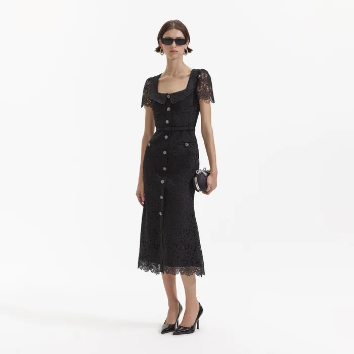 Self Portrait Dresses Women Black Guipure Lace Button Midi Dress