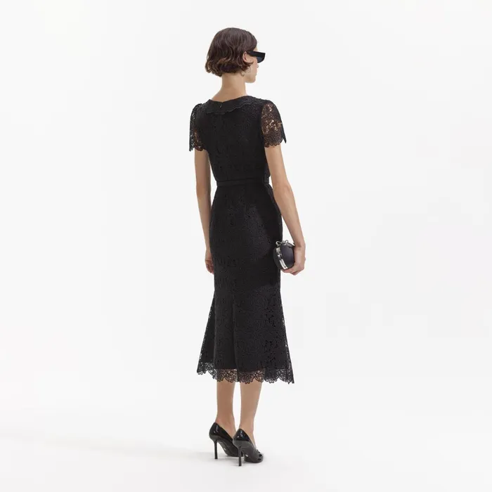 Self Portrait Dresses Women Black Guipure Lace Button Midi Dress
