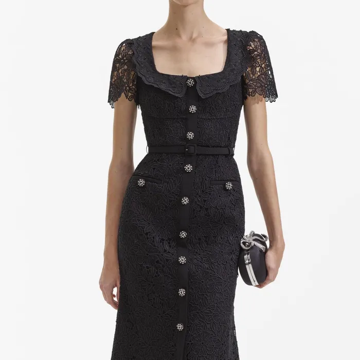 Self Portrait Dresses Women Black Guipure Lace Button Midi Dress