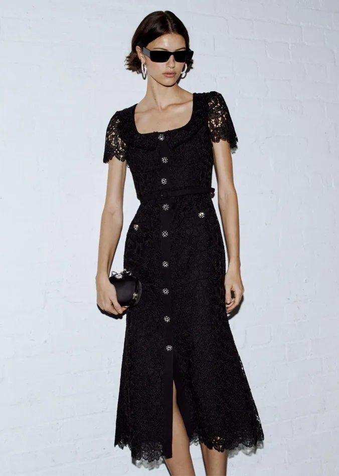 Self Portrait Dresses Women Black Guipure Lace Button Midi Dress