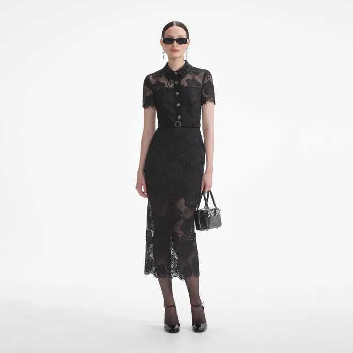 Self Portrait Dresses Women Black Lace Diamante Midi Dress