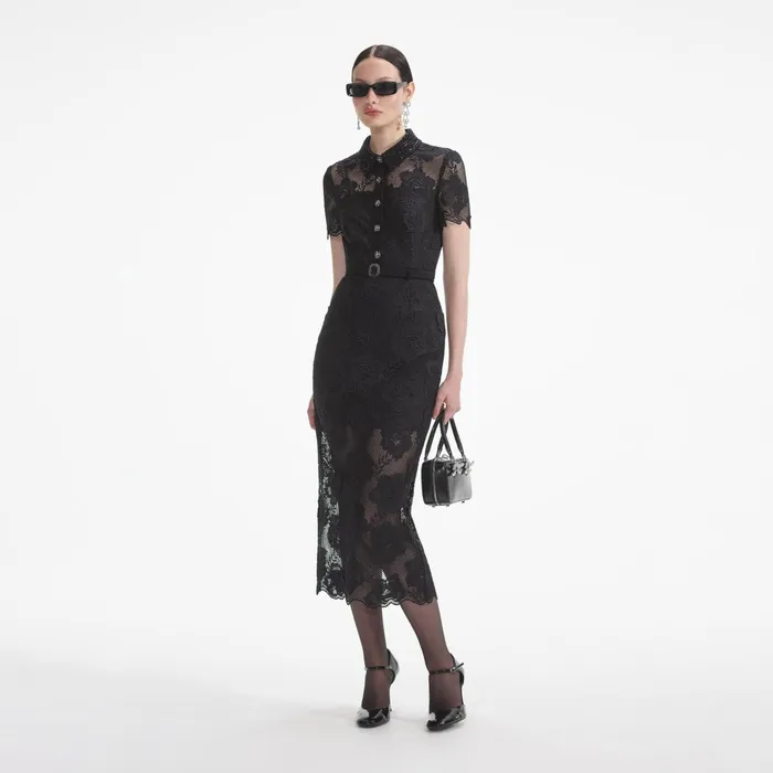 Self Portrait Dresses Women Black Lace Diamante Midi Dress