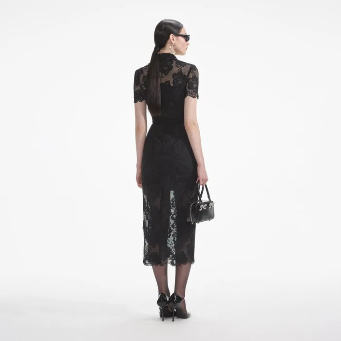 Self Portrait Dresses Women Black Lace Diamante Midi Dress