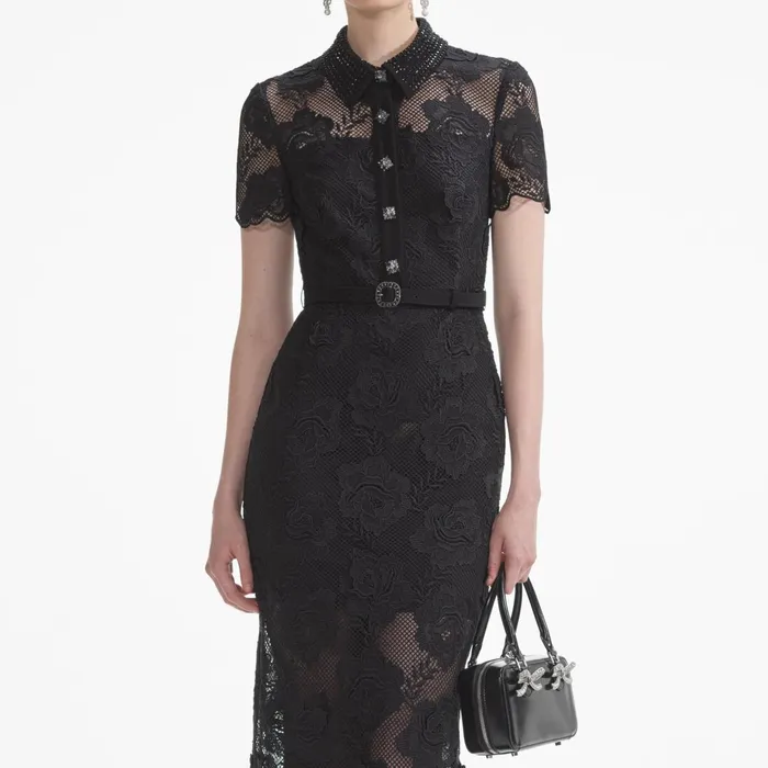 Self Portrait Dresses Women Black Lace Diamante Midi Dress