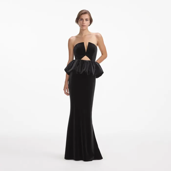 Self Portrait Dresses Women Black Velvet Peplum Maxi Dress