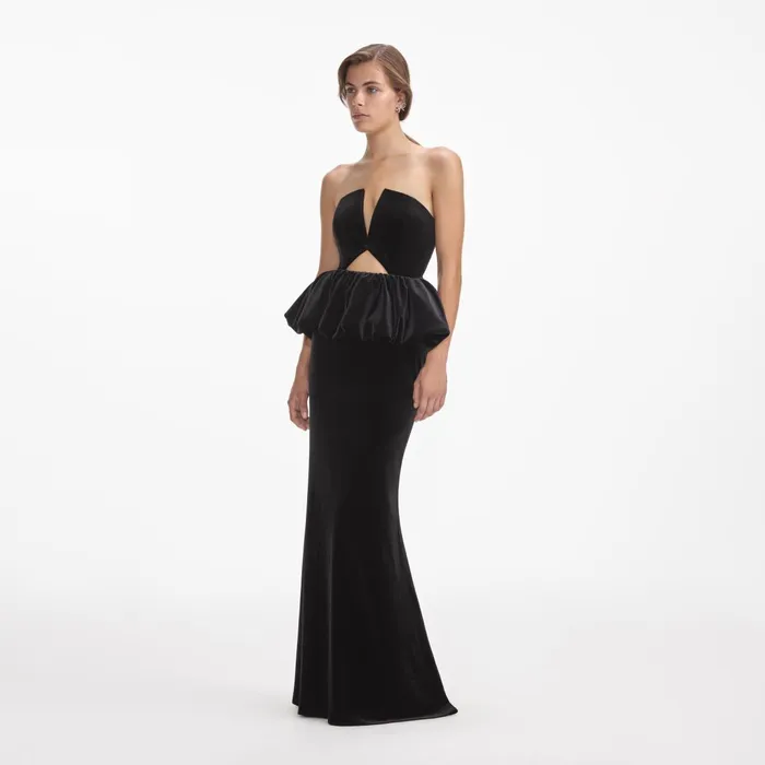 Self Portrait Dresses Women Black Velvet Peplum Maxi Dress
