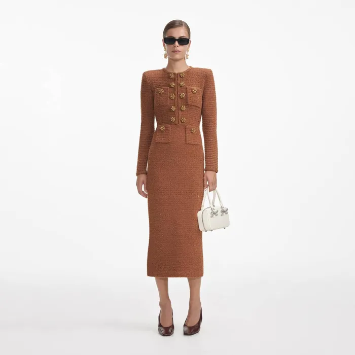 Self Portrait Dresses Women Brown Textured Knit Midi Dress