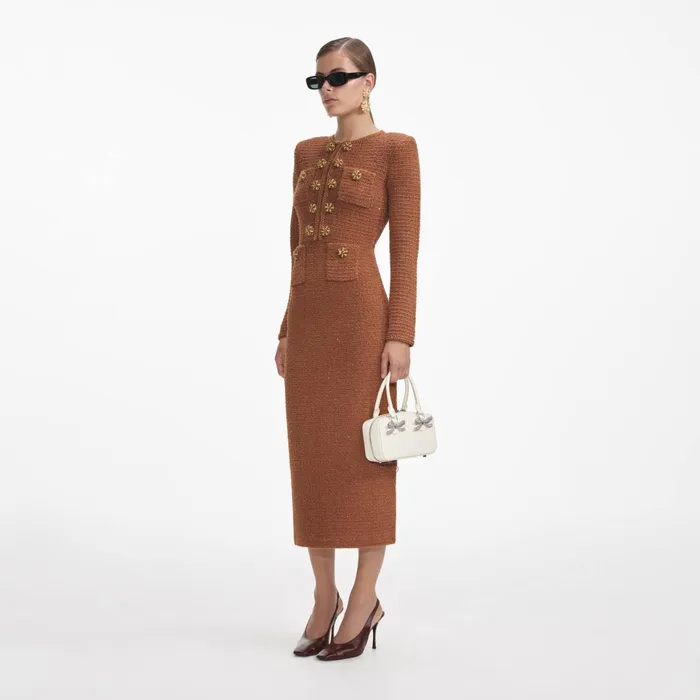 Self Portrait Dresses Women Brown Textured Knit Midi Dress