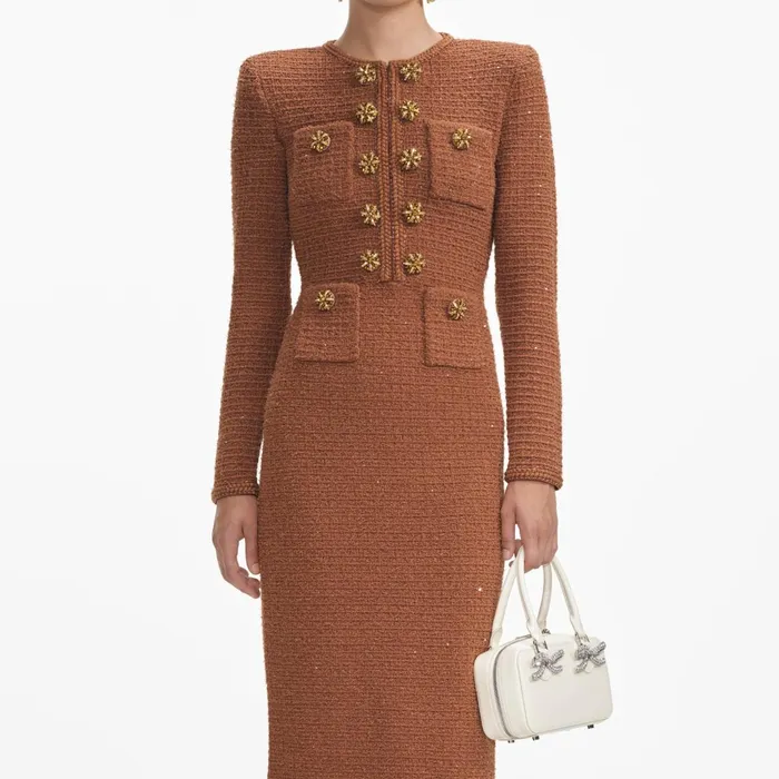 Self Portrait Dresses Women Brown Textured Knit Midi Dress