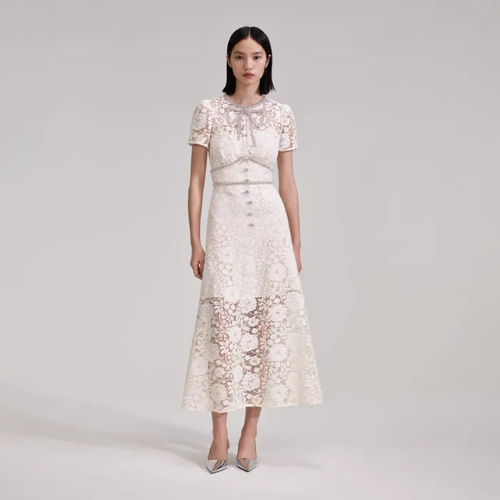 Self Portrait Dresses Women Cream Cord Lace Bow Midi Dress White
