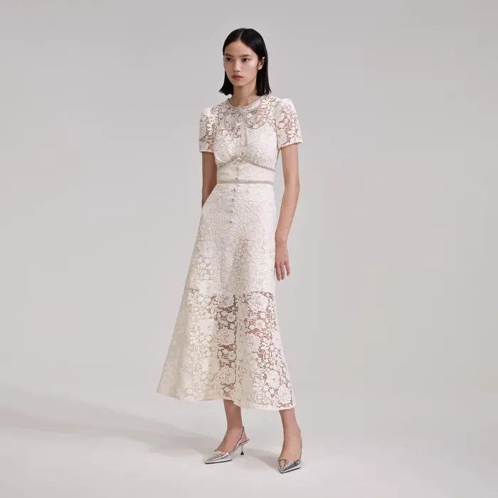 Self Portrait Dresses Women Cream Cord Lace Bow Midi Dress White Self Portrait Dresses Women Cream Cord Lace Bow Midi Dress White