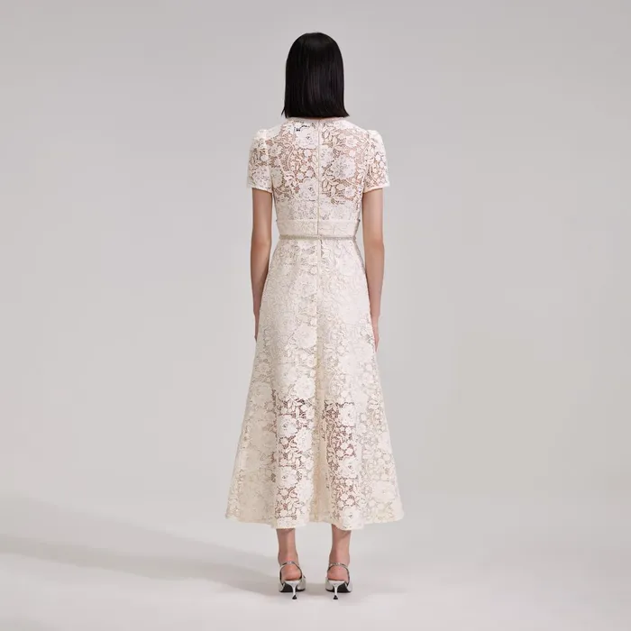 Self Portrait Dresses Women Cream Cord Lace Bow Midi Dress White Self Portrait Dresses Women Cream Cord Lace Bow Midi Dress White