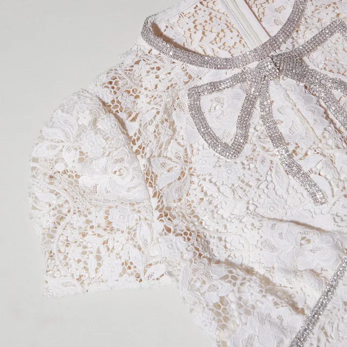 Self Portrait Dresses Women Cream Cord Lace Bow Midi Dress White Self Portrait Dresses Women Cream Cord Lace Bow Midi Dress White