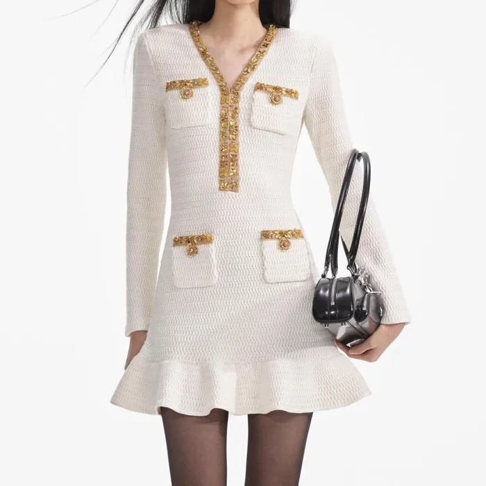 Self Portrait Dresses Women Cream Lurex Knit Mini Dress