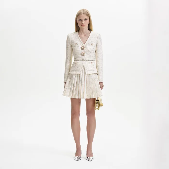 Self Portrait Dresses Women Cream Metallic Boucle Mini Jacket Dress