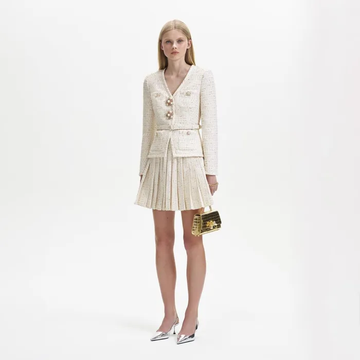 Self Portrait Dresses Women Cream Metallic Boucle Mini Jacket Dress Self Portrait Dresses Women Cream Metallic Boucle Mini Jacket Dress