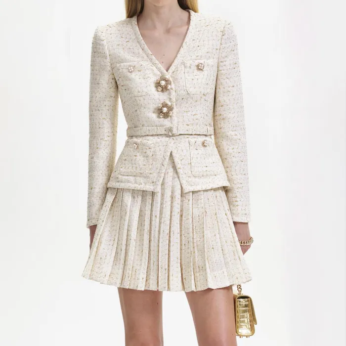 Self Portrait Dresses Women Cream Metallic Boucle Mini Jacket Dress Self Portrait Dresses Women Cream Metallic Boucle Mini Jacket Dress