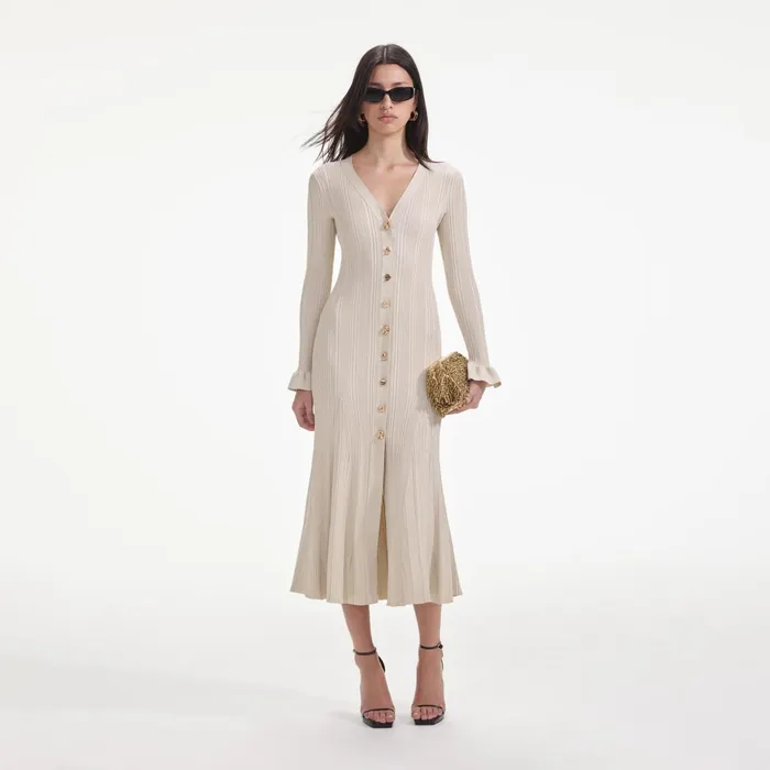 Self Portrait Dresses Women Cream Metallic Ribbed Midi Dress