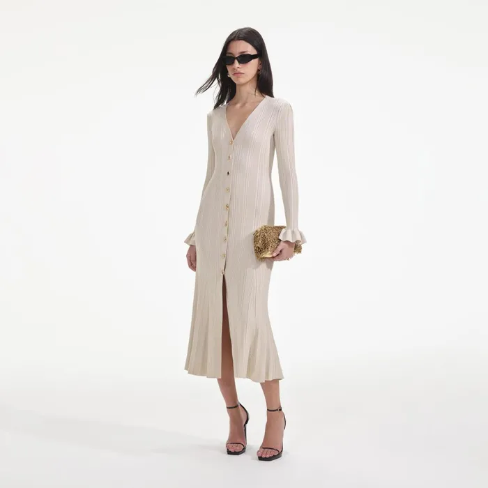 Self Portrait Dresses Women Cream Metallic Ribbed Midi Dress