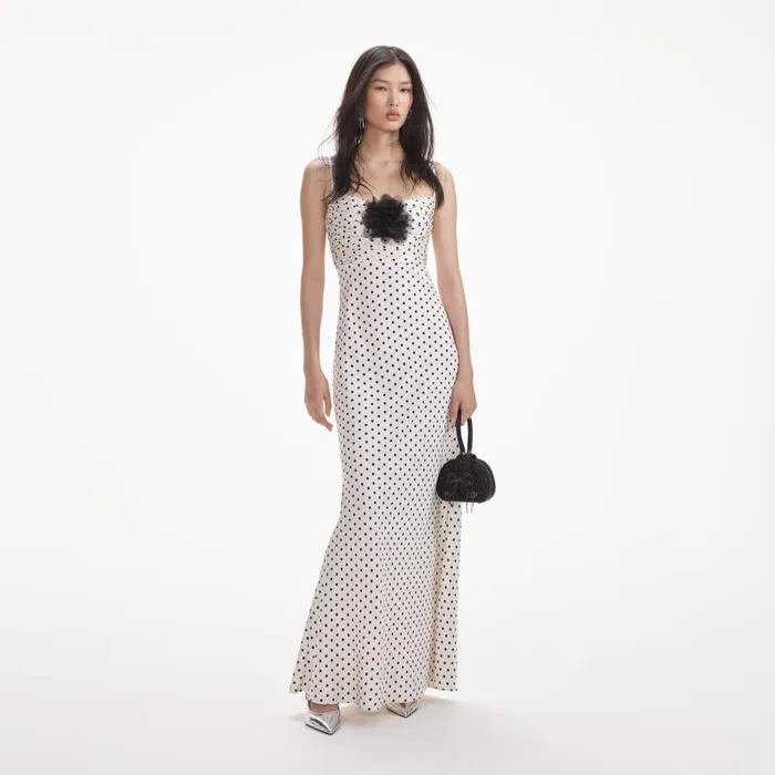 Self Portrait Dresses Women Cream Polka Dot Satin Maxi Dress