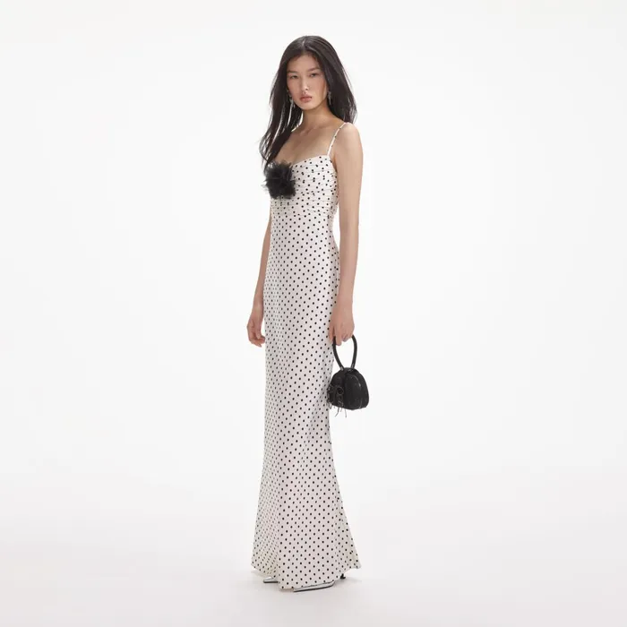 Self Portrait Dresses Women Cream Polka Dot Satin Maxi Dress