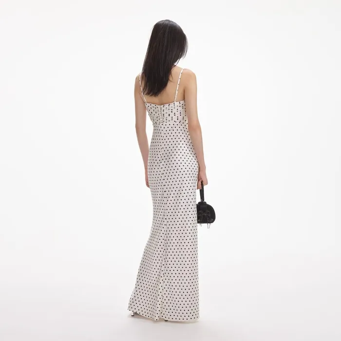 Self Portrait Dresses Women Cream Polka Dot Satin Maxi Dress