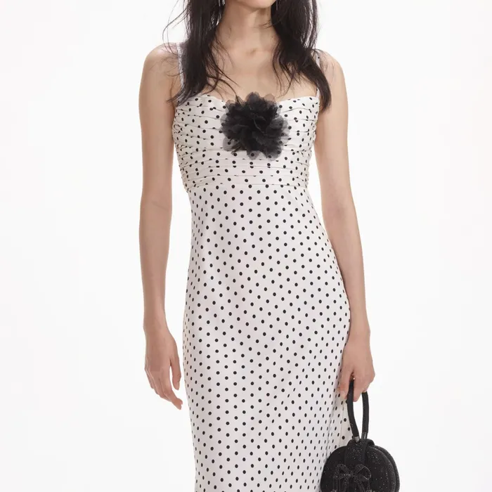 Self Portrait Dresses Women Cream Polka Dot Satin Maxi Dress
