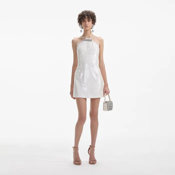 Self Portrait Dresses Women Cream Sequin Halter Mini Dress