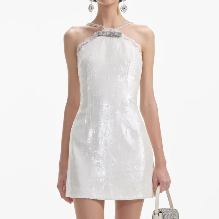 Self Portrait Dresses Women Cream Sequin Halter Mini Dress