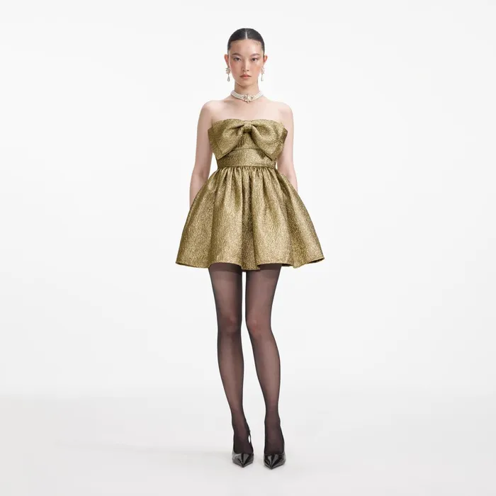 Self Portrait Dresses Women Gold Metallic Jacquard Mini Dress