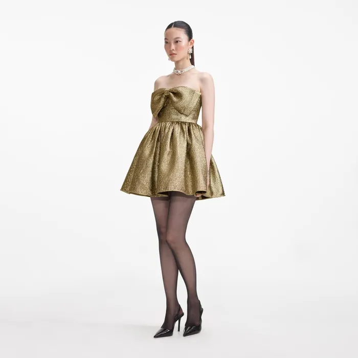 Self Portrait Dresses Women Gold Metallic Jacquard Mini Dress