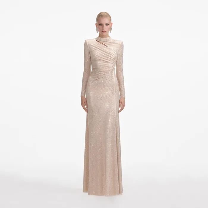 Self Portrait Dresses Women Gold Rhinestone Mesh Cut Out Maxi Dress