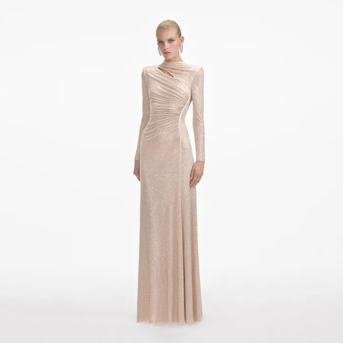 Self Portrait Dresses Women Gold Rhinestone Mesh Cut Out Maxi Dress