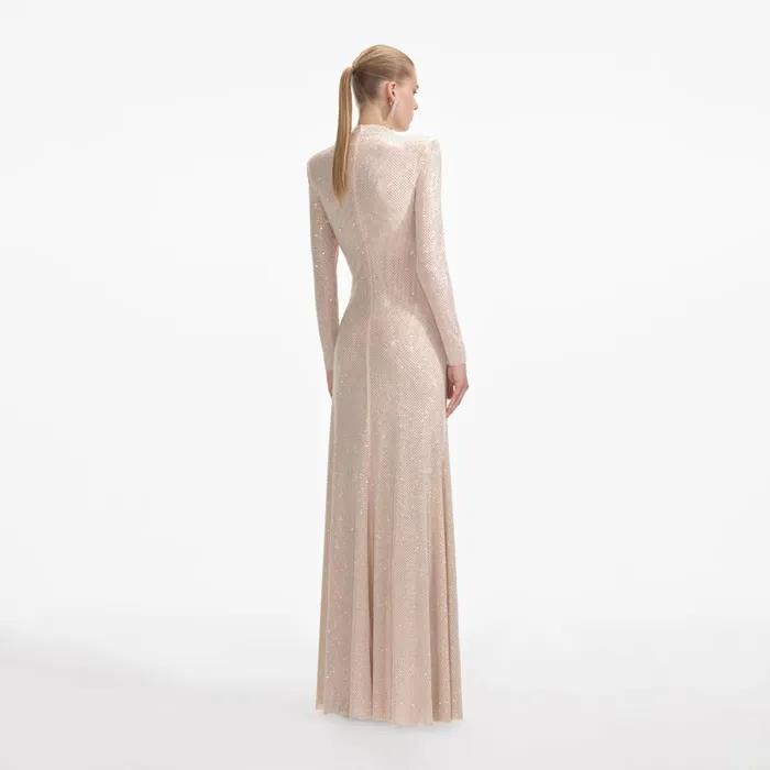 Self Portrait Dresses Women Gold Rhinestone Mesh Cut Out Maxi Dress