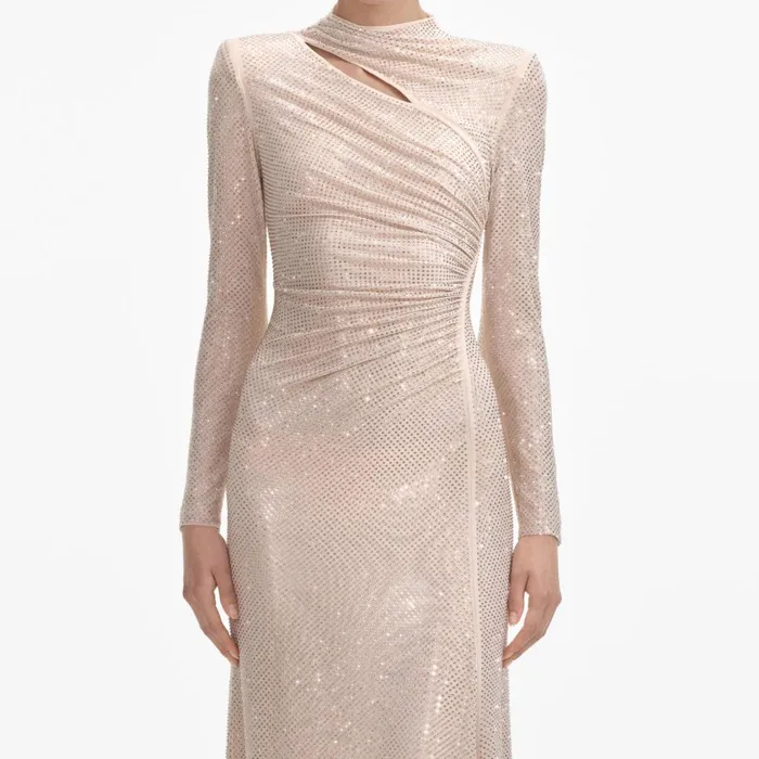 Self Portrait Dresses Women Gold Rhinestone Mesh Cut Out Maxi Dress