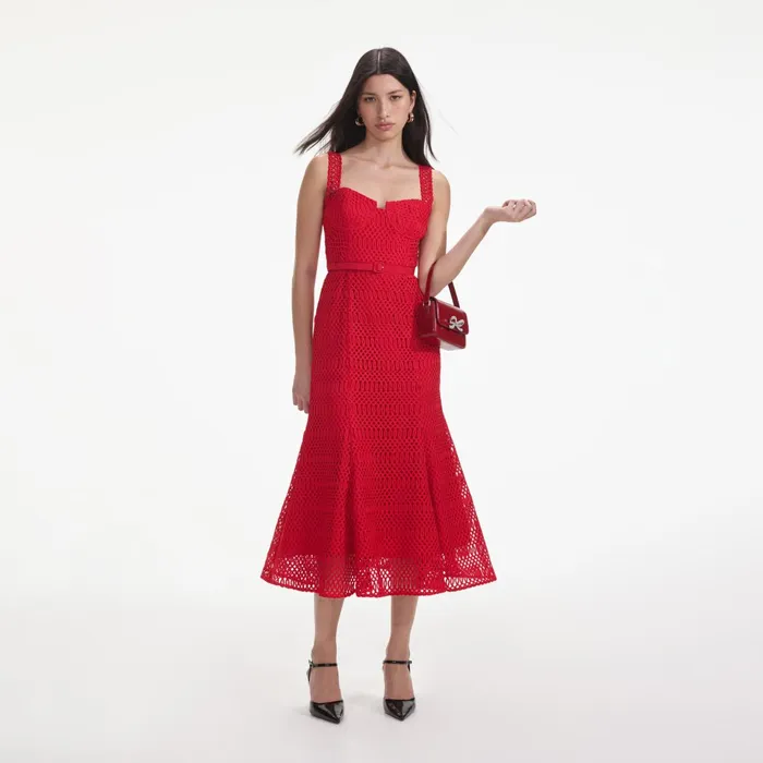 Self Portrait Dresses Women Red Lattice Lace Midi Dress