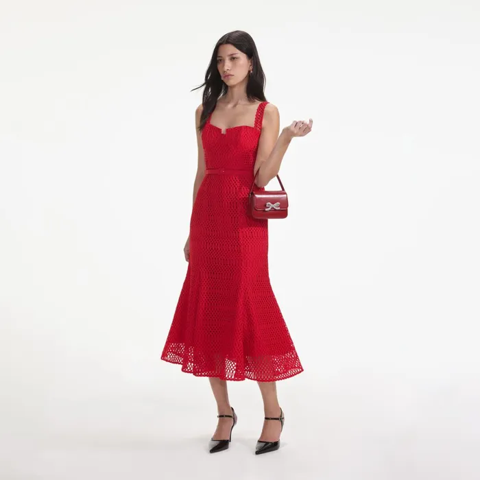 Self Portrait Dresses Women Red Lattice Lace Midi Dress