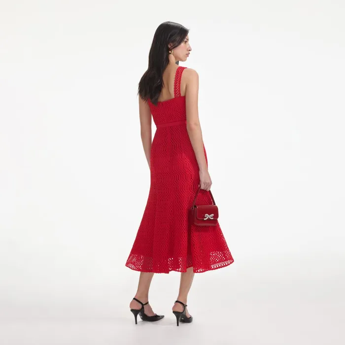 Self Portrait Dresses Women Red Lattice Lace Midi Dress