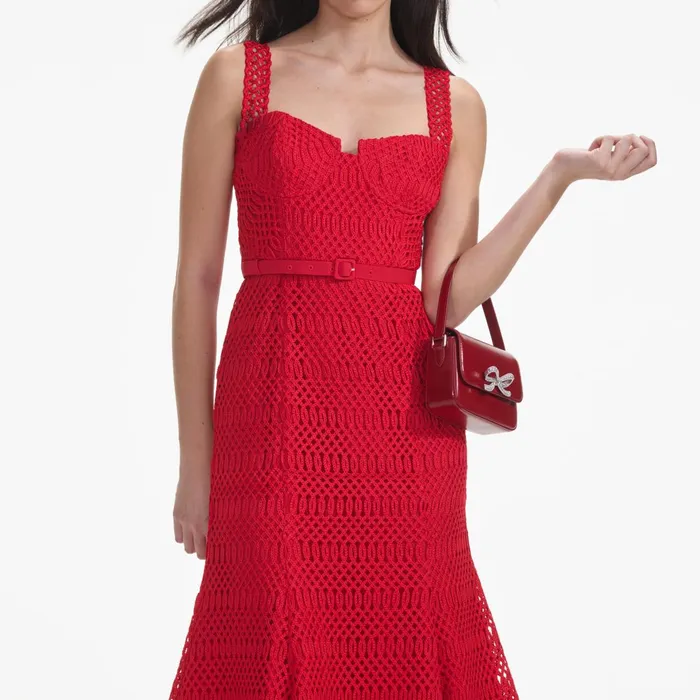 Self Portrait Dresses Women Red Lattice Lace Midi Dress