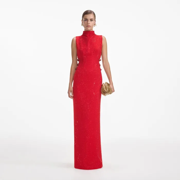 Self Portrait Dresses Women Red Rhinestone Crepe Maxi Dress