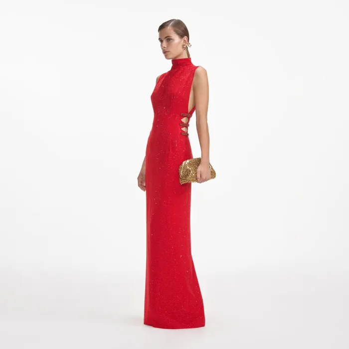 Self Portrait Dresses Women Red Rhinestone Crepe Maxi Dress