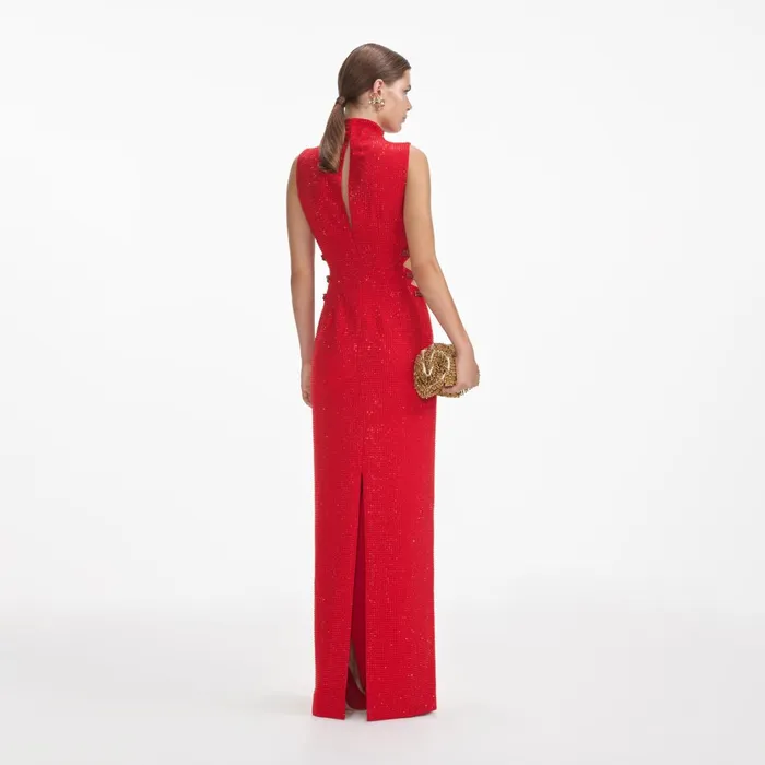 Self Portrait Dresses Women Red Rhinestone Crepe Maxi Dress