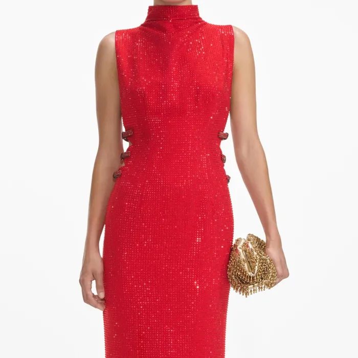 Self Portrait Dresses Women Red Rhinestone Crepe Maxi Dress