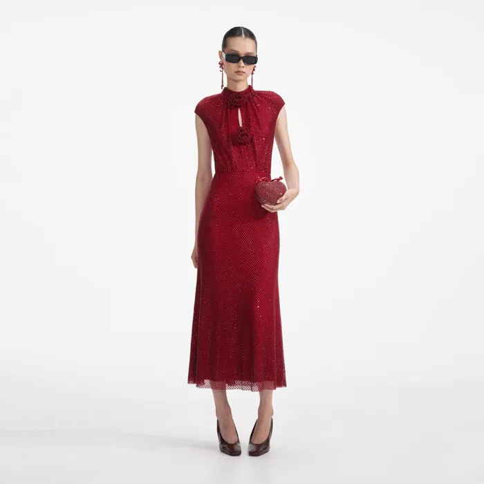 Self Portrait Dresses Women Red Rhinestone Fishnet Midi Dress