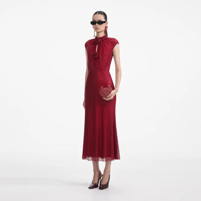Self Portrait Dresses Women Red Rhinestone Fishnet Midi Dress