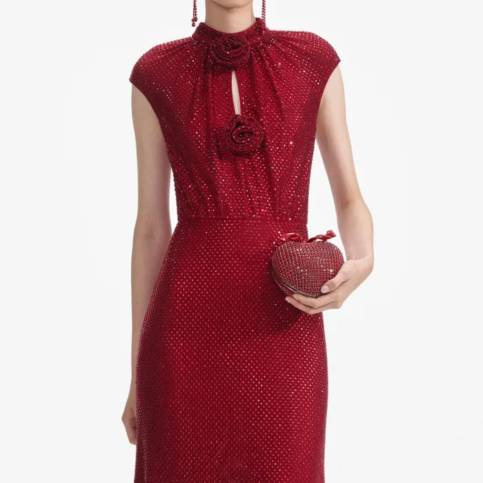 Self Portrait Dresses Women Red Rhinestone Fishnet Midi Dress