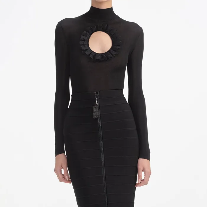 Self Portrait Knitwear Women Black Knit Cut Out Bodysuit Black