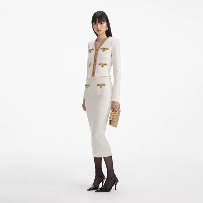 Self Portrait Knitwear Women Cream Lurex Knit Midi Skirt